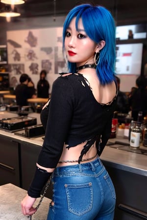 Japanese punk fashion influencer in her 30s dancing provocatively in a strip club, she is wearing cool punk clothes, torn jeans, leather bracelerts, waist chain, punk fashion, raw style, punk like make up, large hoop earrings, short hair, Asuka hairstyle, blue pink hair, Sony A7III, aspect ratio 1:2, hyperreal, photorealistic quality, dramatic backlighting, soft shadows, depth of field, ultra clear, UHD drawing