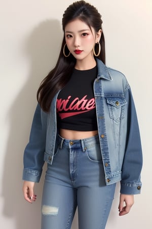 Japanese onlyfans model woman, 18 years old, dark lips, onlyfans model teen girl hairstyle, typical fashion model woman outfit, hoop earrings, tight denim jacket, punk girl makeup, full body shot, slim girl, sexy body, long nails,sexy jeans,Sexy Pose,blackbootsnjeans,1 girl ,asian girl