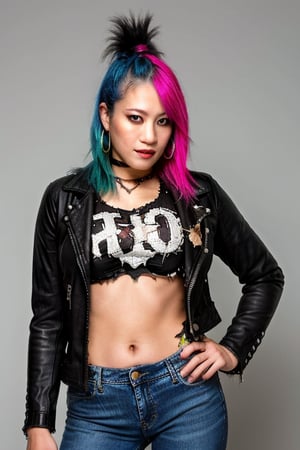 Asuka is a 42 years old punk girl wearing a punk rocker girl attire, tight frayed jeans, short cropped leather jacket, torn shirt, punk rocker girl hairstyle, big hoop earrings, she is posing for a photoshoot