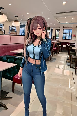 A hot baddie japanese girl is having a date and is flirting with you in a restaurant wanting to be your girlfriend, beautiful detailed eyes, flirty beautiful perfect smile, hot jeans in light blue color, cropped denim jacket, hoop earrings, kairi sane face, baddie make-up,kairisane, full body shot,masterpiece,best quality,incredibly absurdres,high detail eyes