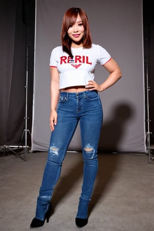 Kairi Sane is a hot rebel and bad girl posing sexy in a Levi's photoshoot studio looking naughty at the camera, she is wearing Levi's jeans, Levi's denim jacket and a sexy Levi's t-shirt