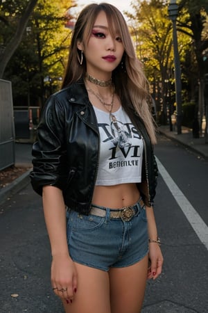 Japanese levi's girl 36 years old standing candidly, flirty pose, she is wearing levi's clothes, levi's ex-boyfriend jacket, t-shirt with the word "sexy" on it, jewel bracelerts, waist chain, fashion outfit, raw style, punk like make up, large hoop earrings, long hair, kairi sane hairstyle, blonde hair, Sony A7III, aspect ratio 1:2, hyperreal, photorealistic quality, dramatic backlighting, soft shadows, depth of field, ultra clear, UHD drawing