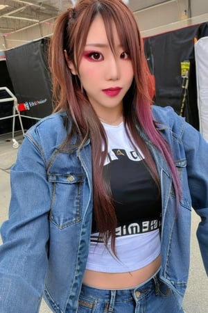 Kairi Sane, she is wearing jeans, cropped denim jacket and a sexy t-shirt, beautiful detailed eyes