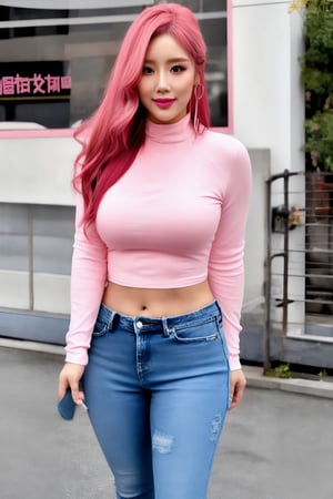 pink hair, beautiful face, onlyfans model, hot pink lips, pink eyeshadow, she is wearing tight jeans,kairisane