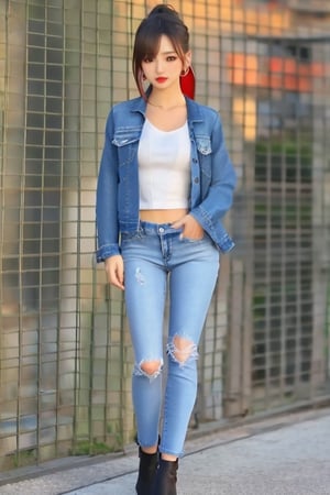 Japanese onlyfans model woman, 19 years old, dark lips, onlyfans model girl hairstyle with ponytail and fringe, typical fashion model woman outfit, hoop earrings, tight denim jacket, punk girl makeup, full body shot, slim girl, sexy body, long nails,sexy jeans