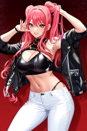 Bad and rebel girl having a good time in a party and posing so flirty, slim body, she is wearing a rebel and bad girl outfit with tight jeans and a cropped jacket to her waist,girl,kairisane