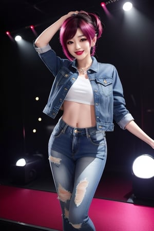 Japanese rebel girl singer, 38 years old, smile, dark lips, rebel outfit, punk girl hairstyle, she is dancing in a party at a night club, cropped small denim jacket, tight jeans, punk girl makeup, full body shot, slim girl,1girl,sssggg