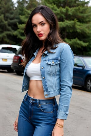 beautiful face, hot red lips, wearing cropped denim jacket and tight levis jeans in light blue color,blackbootsnjeans,Sexy Pose,Megan fox 