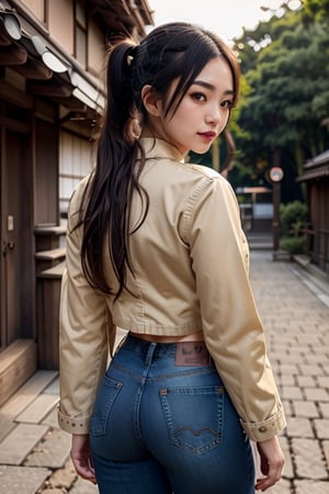 Japanese fashion influencer in her 20s standing candidly, natural pose, fitted jeans, cropped fitted denim jacket, captured from the back, raw style, black goth lips style, long hair ponytail, black eyeshadows, Sony A7III, aspect ratio 1:2, hyperreal, photorealistic quality, dramatic backlighting, soft shadows, depth of field, ultra clear, UHD drawing