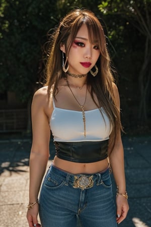 Japanese levi's girl 36 years old standing candidly, flirty pose, she is wearing levi's clothes, jewel bracelerts, waist chain, fashion outfit, raw style, punk like make up, large hoop earrings, long hair, kairi sane hairstyle, blonde hair, Sony A7III, aspect ratio 1:2, hyperreal, photorealistic quality, dramatic backlighting, soft shadows, depth of field, ultra clear, UHD drawing