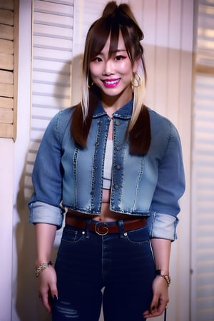 Japanese woman wearing cropped light blue denim jacket and tight light blue jeans, 19 years old, punk belt, fashion girl make-up, big hoop earrings, flirty lips, smile, she is dating with you in a night club, kairi sane hairstyle, kairi sane face, blond hair color, ponytail hair, kairisane