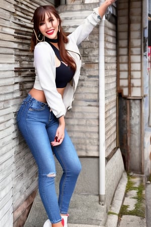 Kairi Sane is a supermodel girl flirting with long hair, smiling flirty, hoop earrings, slim body, she is wearing tight levi's jeans,kairisane