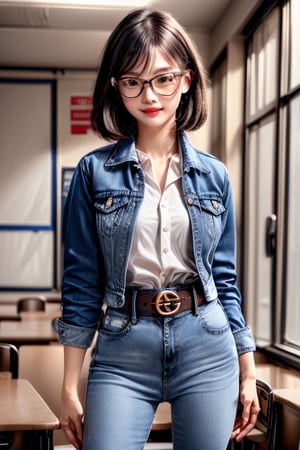 Sexy high school teacher girl, 25 years old, sexy blouse, sexy denim jacket, sexy tight jeans, gucci belt, formal makeup, formal attire, red lips, cute style, she is wearing glasses, formal hairstyle, she is posing sexy inside her classroom