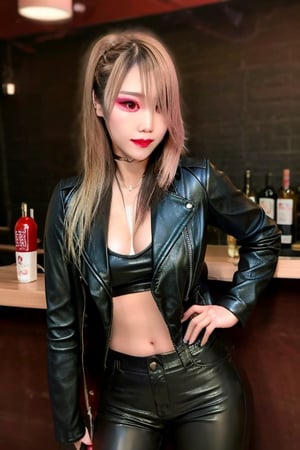 Japanese female night girl, she is a bad girl, hot makeup, red lips, teacher fashion style, leather pants, biker leather female jacket, blonde haircolor, kairi sane face, kairi sane hairstyle, she is posing sexy and sugestive in a bar,kairisane