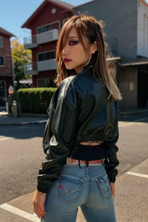 Japanese levi's girl 36 years old standing candidly, flirty pose, she is wearing levi's clothes, levi's ex-boyfriend jacket, jewel bracelerts, waist chain, fashion outfit, raw style, punk like make up, large hoop earrings, long hair, captured from the back, kairi sane hairstyle, blonde hair, Sony A7III, aspect ratio 1:2, hyperreal, photorealistic quality, dramatic backlighting, soft shadows, depth of field, ultra clear, UHD drawing