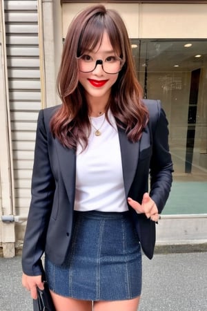 High school teacher japanese girl, sexy denim jacket, long formal black skirt, formal makeup, formal attire, red lips, cute style, she is wearing glasses, kairi sane haircolor, kairi sane face, formal hairstyle,kairisane