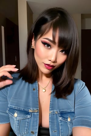 21 years old, beautiful detailed eyes, sexy supermodel detailed makeup, dark lips, kairi sane hairstyle, black eyeshadows, flirty look, tight jeans, denim jacket, Cardi B