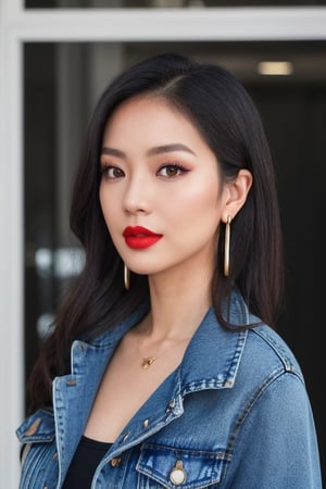 Filipina fashion influencer in her 20s standing candidly, natural pose, tight jeans, cropped fitted denim jacket, captured from the back, raw style, red lips, long hair, black eyeshadows, large hoop earrings, Sony A7III, aspect ratio 1:2, hyperreal, photorealistic quality, dramatic backlighting, soft shadows, depth of field, ultra clear, UHD drawing