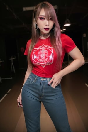 Japanese onlyfans model woman, 36 years old, dark lips, kairi sane hairstyle, typical fashion model woman outfit, large hoop earrings, red t-shirt, punk girl makeup, full body shot, slim girl, sexy body, long nails,sexy jeans,Sexy Pose,blackbootsnjeans,1 girl 