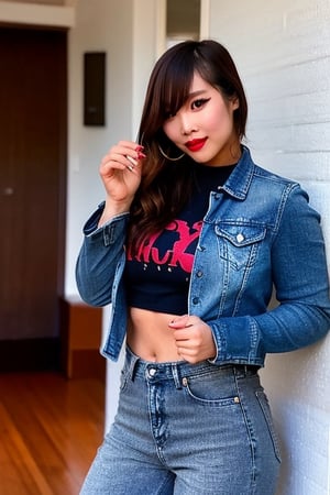 sexy asian girl, beautiful detailed eyes, tight jeans, tight cropped small denim jacket, sexy girl make-up, dark lips, kairi sane is smoking a cigarette in her apartment, realistic, punk girl hair color,kairisane