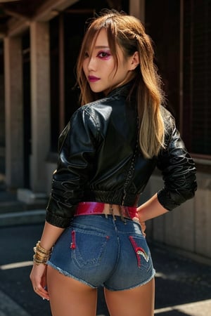 Japanese levi's girl 36 years old standing candidly, flirty pose, she is wearing levi's clothes, levi's ex-boyfriend jacket, jewel bracelerts, waist chain, fashion outfit, raw style, punk like make up, large hoop earrings, long hair, captured from the back, kairi sane hairstyle, blonde hair, Sony A7III, aspect ratio 1:2, hyperreal, photorealistic quality, dramatic backlighting, soft shadows, depth of field, ultra clear, UHD drawing