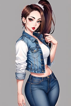 beautiful detailed eyes, tight jeans, cropped denim jacket, kairi sane hairstyle, red lips,1girl folded ponytail earrings,kairisane,Megan fox 