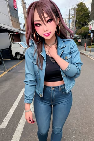 A hot baddie japanese girl is having a date and is flirting with you, beautiful detailed eyes, flirty beautiful perfect smile, she is wearing tight jeans and denim jacket in acid wash light blue color in a 80s style, hoop earrings, kairi sane face, baddie make-up,kairisane, full body shot