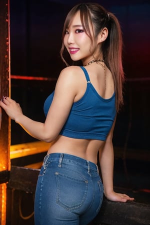 Japanese hot girl 36 years old standing candidly in a night club during a romantic date, flirty pose because she's in love with you, japanese slender body girl, hot latina baddie girl outfit, tight jeans acid wash blue color 80s style, jewel bracelerts, raw style, fashion make up, crop sexy top, large latina hoop earrings, kairi sane ponytail hairstyle, blonde hair, hot smile, Sony A7III, aspect ratio 1:2, hyperreal, photorealistic quality, dramatic backlighting, soft shadows, depth of field, ultra clear, UHD drawing