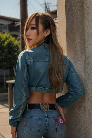 Japanese levi's girl 36 years old standing candidly, flirty pose, she is wearing levi's clothes, jewel bracelerts, waist chain, fashion outfit, levi's denim jacket ex-boyfriend type, raw style, punk like make up, large hoop earrings, long hair, kairi sane hairstyle, blonde hair, Sony A7III, aspect ratio 1:2, hyperreal, photorealistic quality, dramatic backlighting, soft shadows, depth of field, ultra clear, UHD drawing