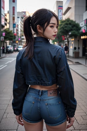 Japanese fashion influencer in her 20s standing candidly, natural pose, fitted jeans, cropped fitted denim jacket, captured from the back, raw style, black goth lips style, long hair ponytail, black eyeshadows, Sony A7III, aspect ratio 1:2, hyperreal, photorealistic quality, dramatic backlighting, soft shadows, depth of field, ultra clear, UHD drawing