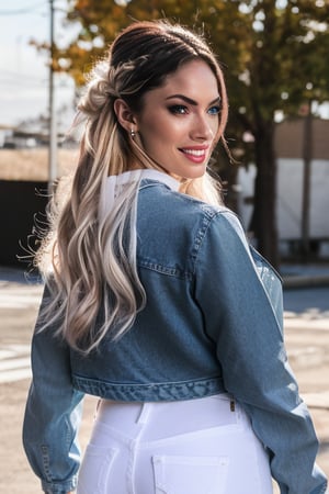 American fashion influencer resembling a hybrid of Megan Fox and Alexa Bliss in her 22s standing candidly outside, sexy pose, white t-shirt, tight levis jeans acid wash color, levis acid wash light blue denim jacket, captured from the back raw style, fashion lips, hybrid hairstyle, black eyeshadows, large hoop earrings, flirty smile, Sony A7III, aspect ratio 1:2, hyperreal, photorealistic quality, dramatic backlighting, soft shadows, depth of field, ultra clear, UHD drawing