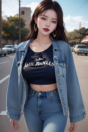 supermodel asian girl, 19 years old, beautiful detailed eyes, t, make-up, dark lips, posing sexy, 80s hairstyle, loose 80s levis jeans type, jack daniels t-shirt resemble, 80s levi's denim jacket type in very strong acid wash blue color, large hoop earrings