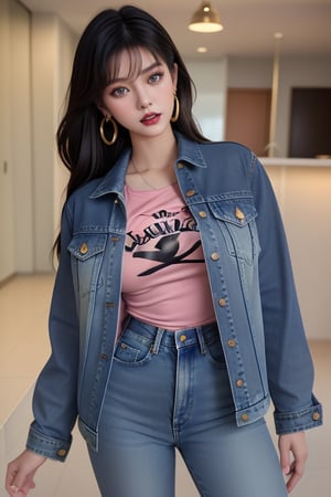 supermodel asian girl, 19 years old, beautiful detailed eyes, t, make-up, dark lips, posing sexy, 80s hairstyle, loose 80s levis jeans type, jack daniels t-shirt resemble, 80s levi's denim jacket type in very strong acid wash blue color, large hoop earrings