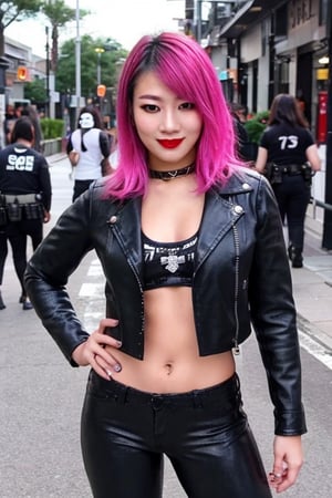 Japanese rebel criminal girl, 17 years old, smile, dark lips, rebel look, punk girl hairstyle, she is staring at the street with her friends, cropped leather jacket, tight leather pants punk girl makeup, full body shot, slim girl, sexy body