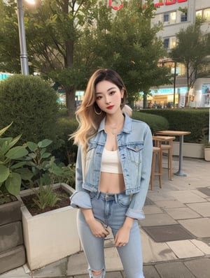 asian girl, beautiful detailed eyes, tight jeans, cropped denim jacket, make-up, red lips, posing sexy in a night club and smoking a cigarette, realistic