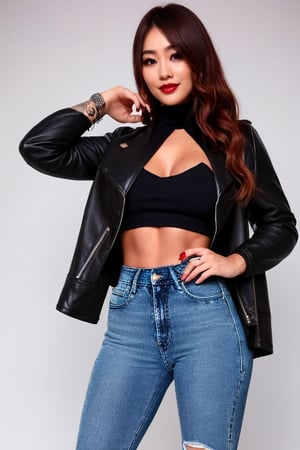 Bad and rebel girl having a good time in a photoshoot model for a jeans brand, slim body, she is wearing a rebel and bad girl outfit with tight jeans and a cropped denim jacket to her waist,girl,kairisane