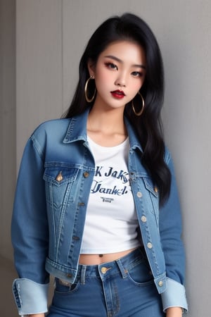 supermodel asian girl, 19 years old, beautiful detailed eyes, t, make-up, dark lips, posing sexy, 80s hairstyle, loose 80s levis jeans type, jack daniels t-shirt resemble, 80s levi's denim jacket type in very strong acid wash blue color, large hoop earrings