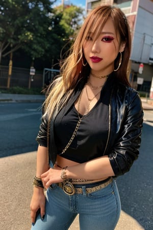 Japanese levi's girl 36 years old standing candidly, flirty pose, she is wearing levi's clothes, levi's ex-boyfriend jacket, hot latina t-shirt type, jewel bracelerts, waist chain, fashion outfit, raw style, punk like make up, large hoop earrings, long hair, kairi sane hairstyle, blonde hair, Sony A7III, aspect ratio 1:2, hyperreal, photorealistic quality, dramatic backlighting, soft shadows, depth of field, ultra clear, UHD drawing