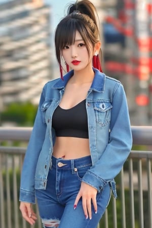 Japanese onlyfans model woman, 19 years old, dark lips, onlyfans model girl hairstyle with ponytail and fringe, typical fashion model woman outfit, hoop earrings, tight denim jacket, punk girl makeup, full body shot, slim girl, sexy body, long nails,sexy jeans