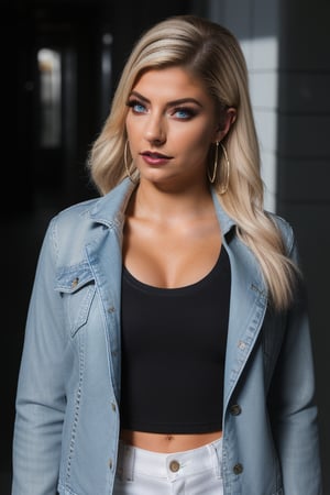 Alexa Bliss is a hot american fashion influencer standing so sexy, sexy pose, white t-shirt, 80s acid wash levis jeans, 80s acid wash light blue cropped levis denim jacket, captured from the front, raw style, dark lips, blonde hair, black eyeshadows, large hoop earrings, Sony A7III, aspect ratio 1:2, hyperreal, photorealistic quality, dramatic backlighting, soft shadows, depth of field, ultra clear, UHD drawing