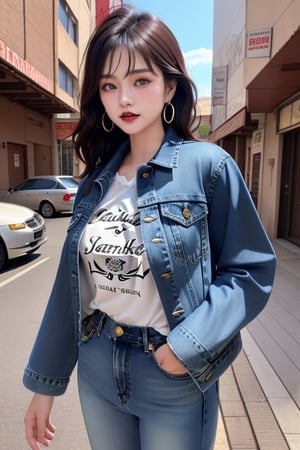 supermodel asian girl, 19 years old, beautiful detailed eyes, t, make-up, dark lips, posing sexy, 80s hairstyle, loose 80s levis jeans type, jack daniels t-shirt resemble, 80s levi's denim jacket type in very strong acid wash blue color, large hoop earrings