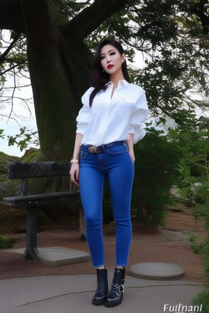 Japanese onlyfans model woman, 29 years old, dark lips, onlyfans model girl hairstyle, typical fashion model woman outfit, hoop earrings, tight denim jacket, punk girl makeup, full body shot, slim girl, sexy body, long nails,sexy jeans,sexy asian
