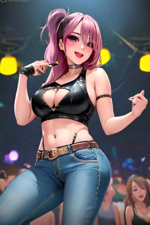 Bad and rebel girl having a good time in a party, she is wearing a rebel and bad girl outfit with jeans