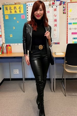 Kairi Sane is a japanese teacher posing in her classroom, she is wearing frayed jeans, cropped leather jacket, long heel boots, black lips, fashion belt,kairisane