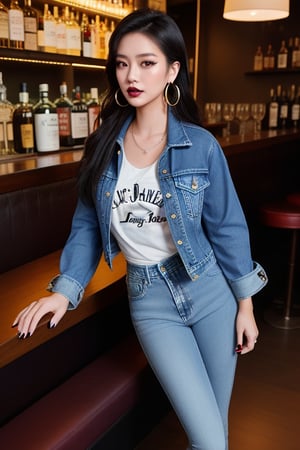 supermodel asian girl, 19 years old, beautiful detailed eyes, t, make-up, dark lips, posing sexy, full body shot in a bar drinking a whisky, 80s hairstyle, loose 80s levis jeans type, jack daniels t-shirt resemble, 80s levi's denim jacket type in very strong acid wash blue color, large hoop earrings