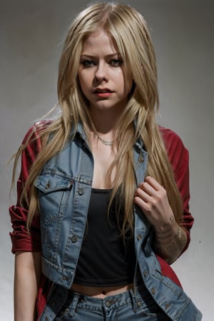 Avril Lavigne is a sexy model wearing jeans and denim jacket, hot red lips