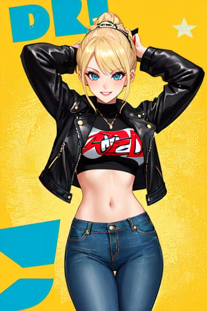Bad and rebel girl having a good time in a party and posing so flirty, slim body, she is wearing a rebel and bad girl outfit with tight jeans and a cropped jacket to her waist,girl