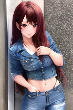 Anime hot girl with long hair wearing a denim jacket and jeans,kairisane