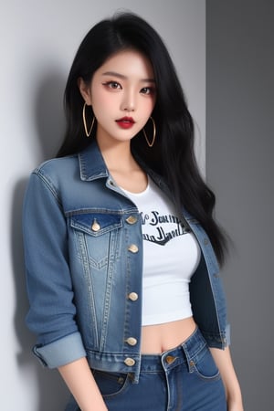 supermodel asian girl, 17 years old, beautiful detailed eyes, t, make-up, dark lips, posing sexy, 80s hairstyle, loose 80s levis jeans type, jack daniels t-shirt resemble, 80s levi's denim jacket type in very strong acid wash blue color, large hoop earrings