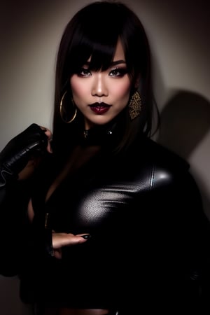 beautiful detailed eyes, sexy supermodel detailed makeup, dark lips, kairi sane hairstyle, black eyeshadows, flirty look, sexy wrestler outfit, tight leather pants, punk girl leather jacket, black cap, hoop earrings, long black nails, full body shot,kairisane